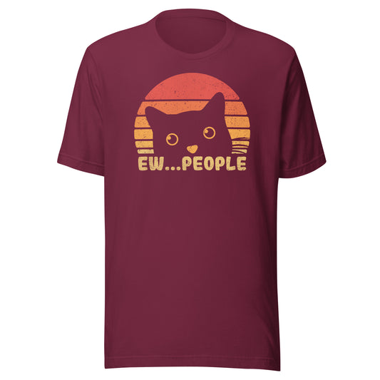 Maroon cotton t-shirt with 'ew people' cat design, front view