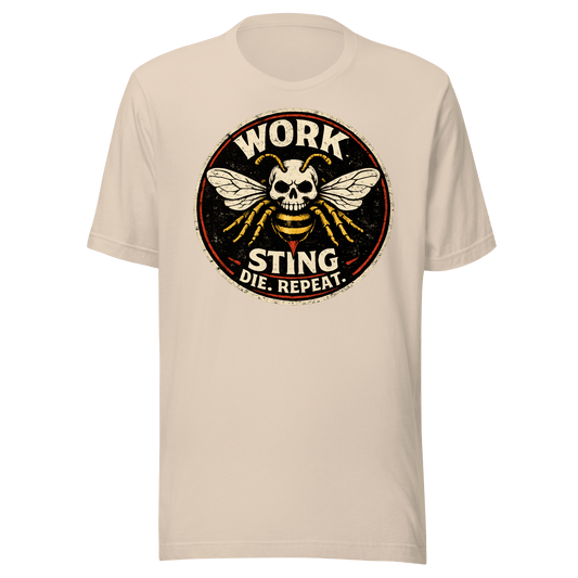 Work Sting Die Repeat T-Shirt – Bold Gothic Statement Piece