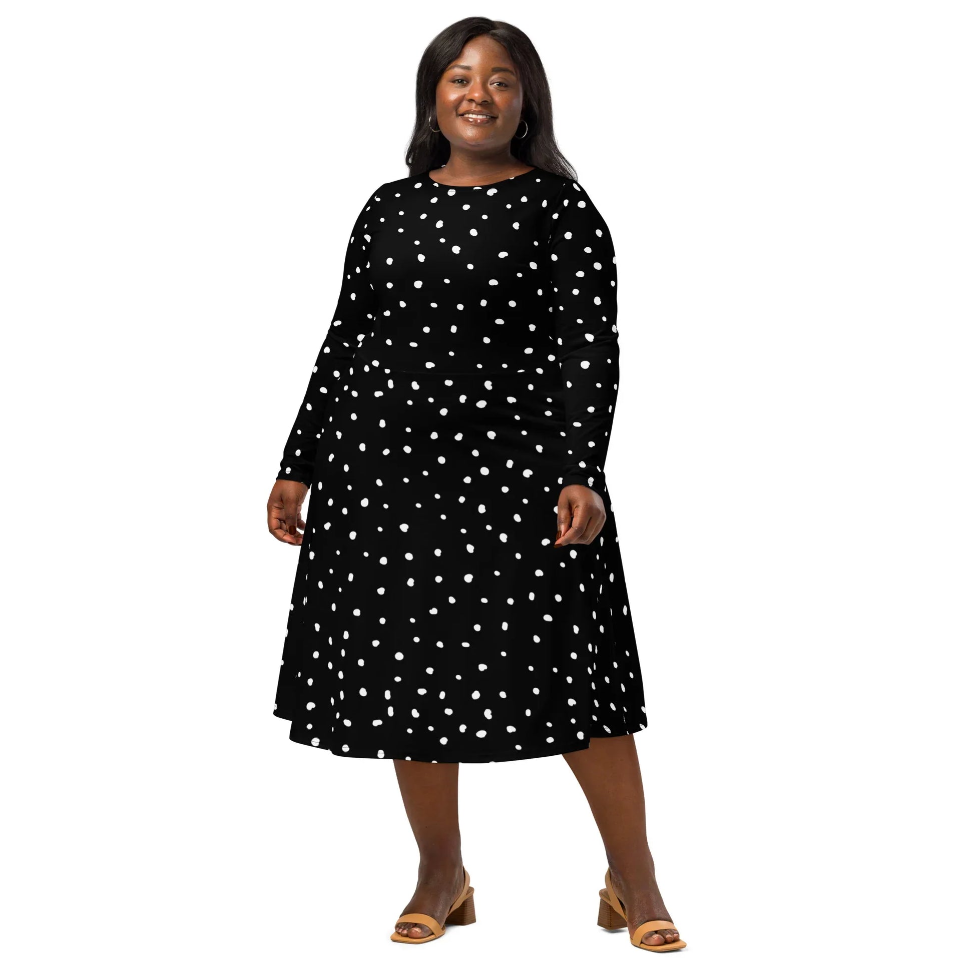 Black And White Polka Dot Midi Dress With Long Sleeves XL Black And White Polka Dot Midi Dress With Long Sleeves XL