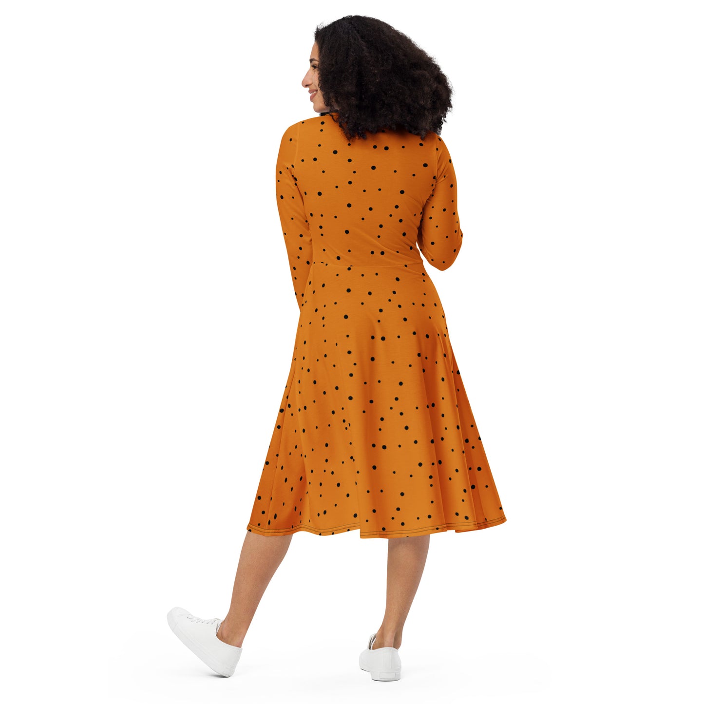 vintage inspired orange black spotted midi dress