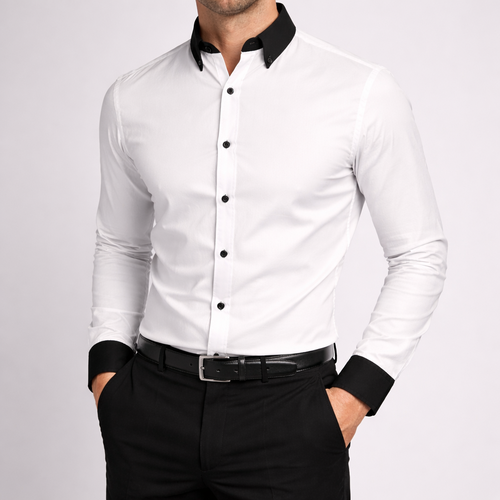 White Dress Shirt With Black Collar And Cuffs