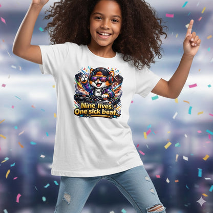 white t-shirt with cat dj for catlovers and musiclovers