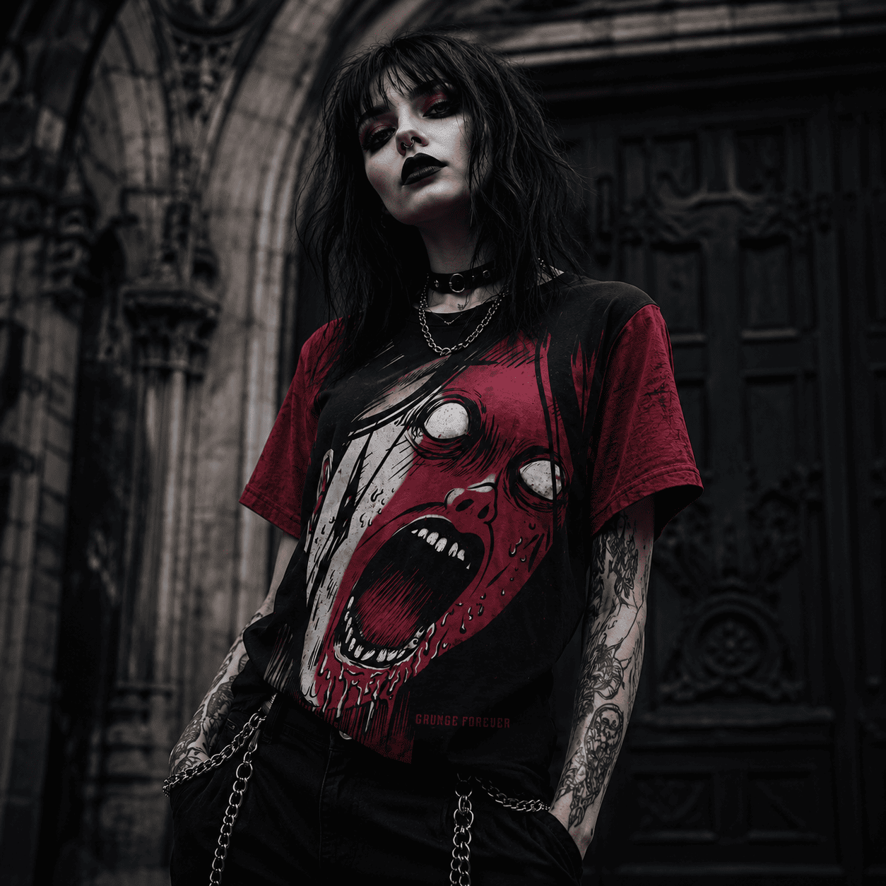 women's grunge forever all-over-print gothic t-shirt black red