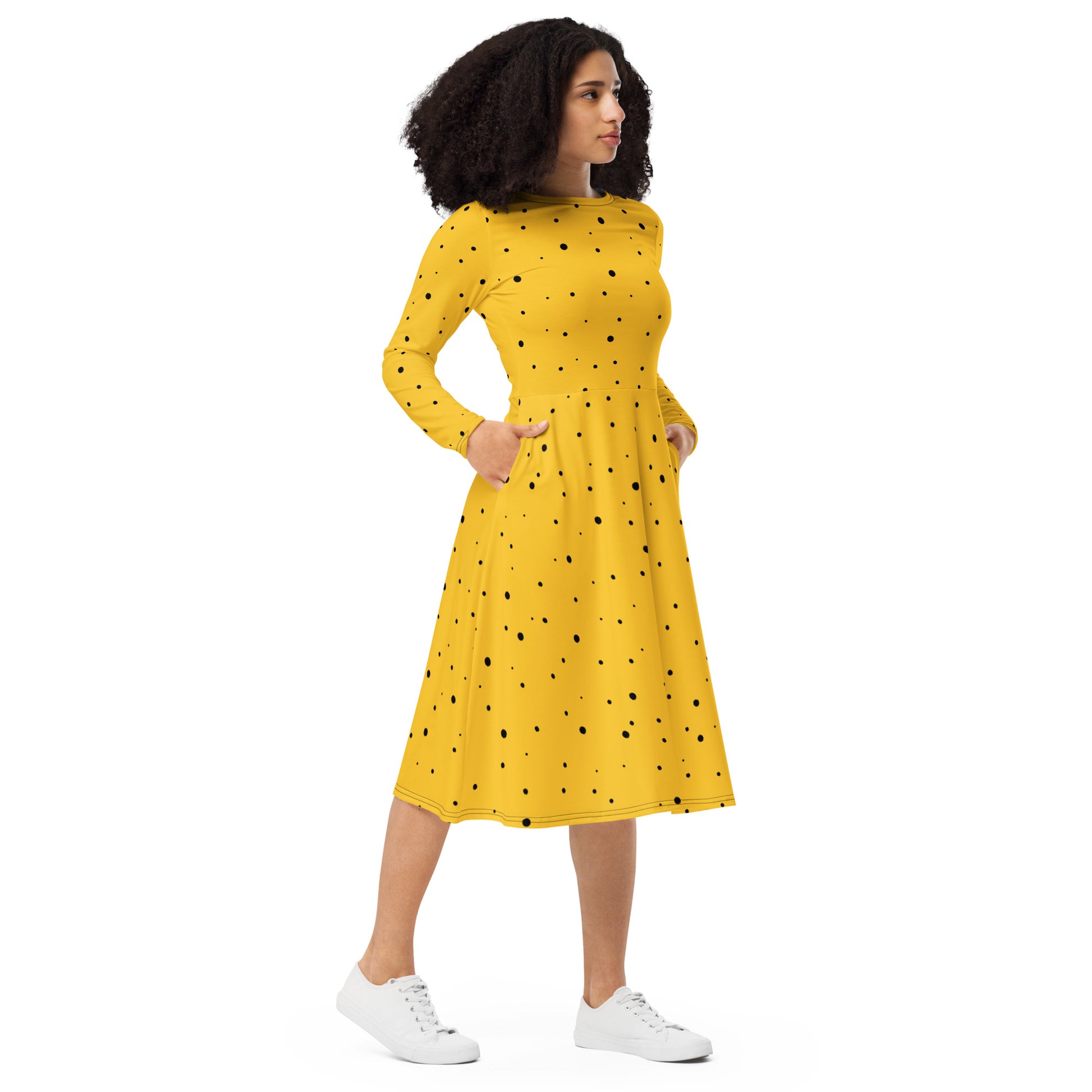 Yellow Black Polka Dot Dress with Sleeves | Midi | Sizes 2XS6XL 2XS Yellow Black Polka Dot Dress with Sleeves | Midi | Sizes 2XS6XL 2XS