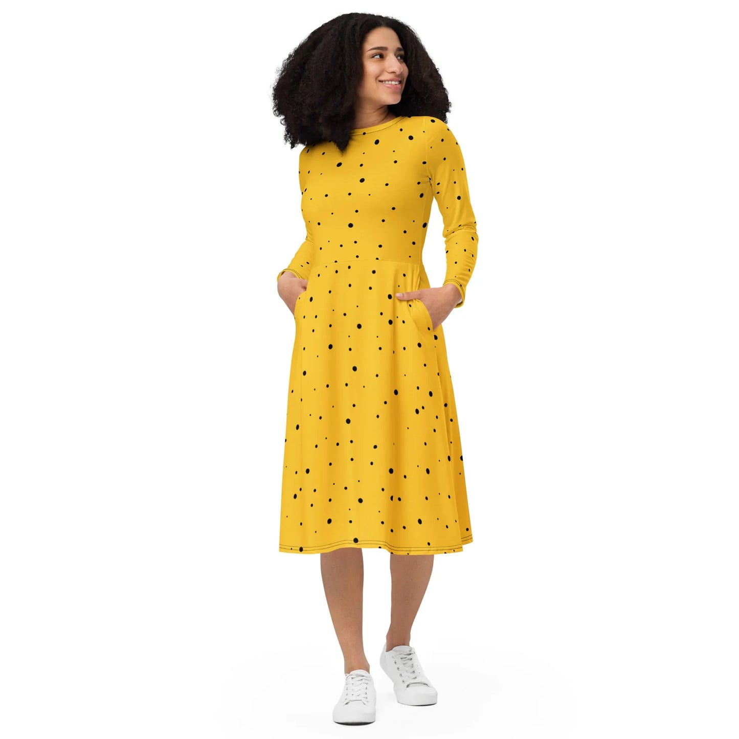 Yellow Black Polka Dot Dress With Sleeves | Midi