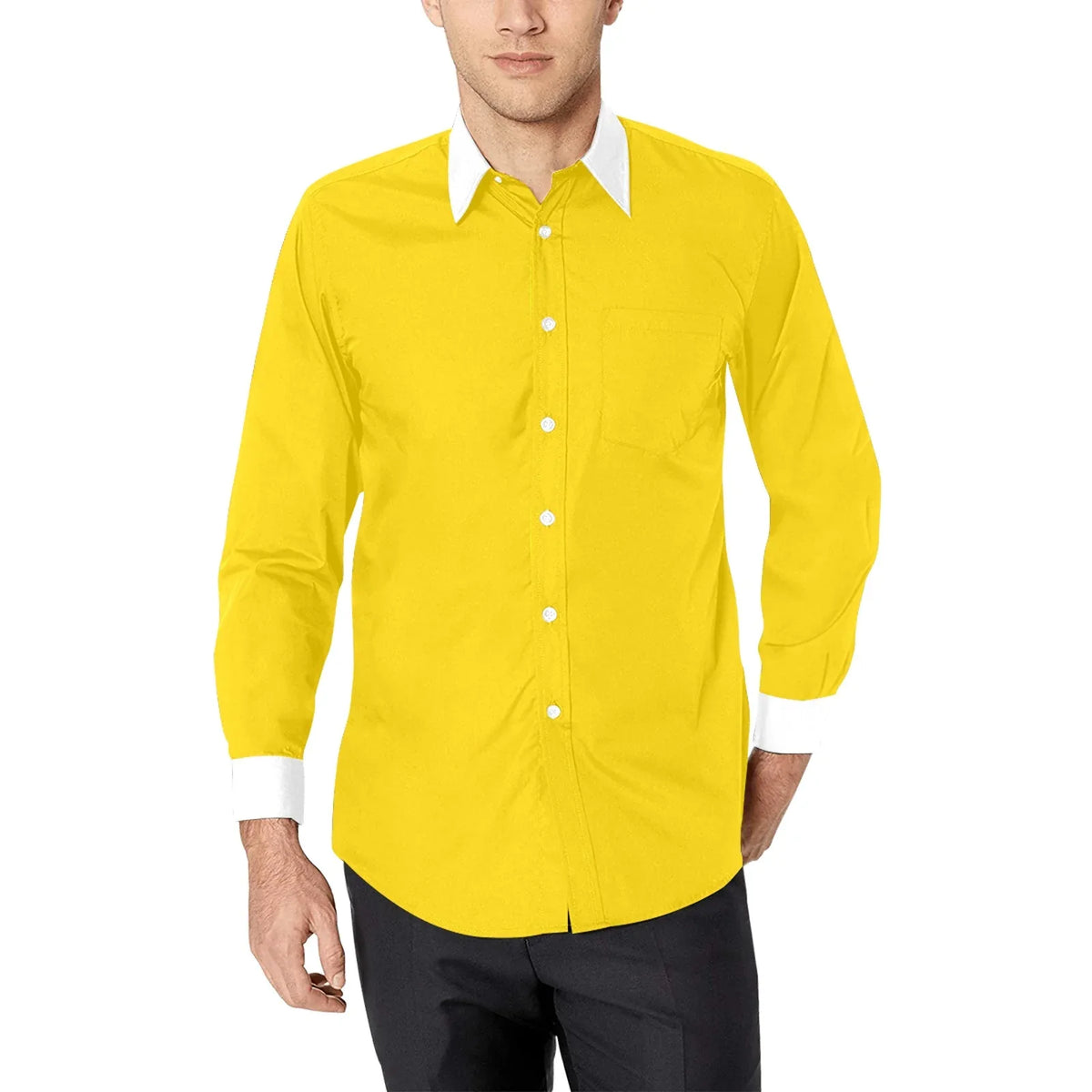 yellow shirt with white collar