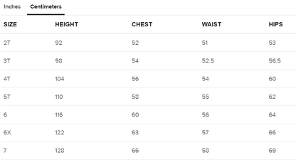 Sizes Toddler Centimeters
