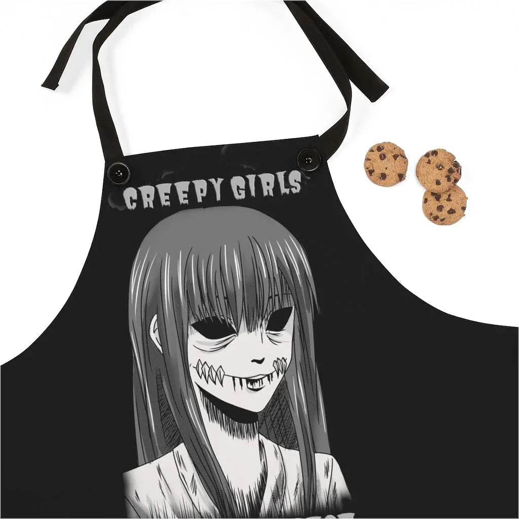 Alternative black apron with detachable twill straps and horror illustration