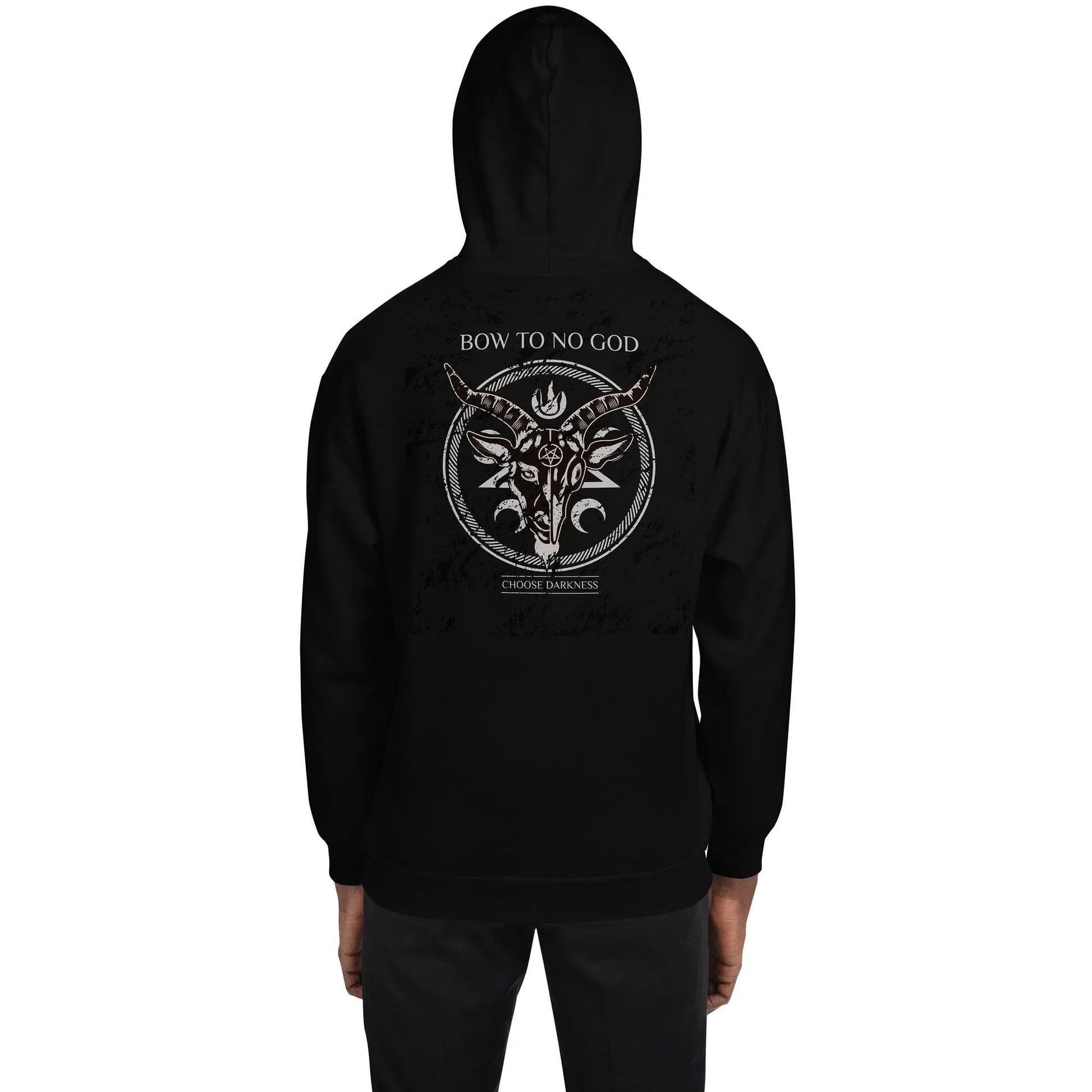 Atheist Clothing gothic hoodie with Bow To No God Choose Darkness back print