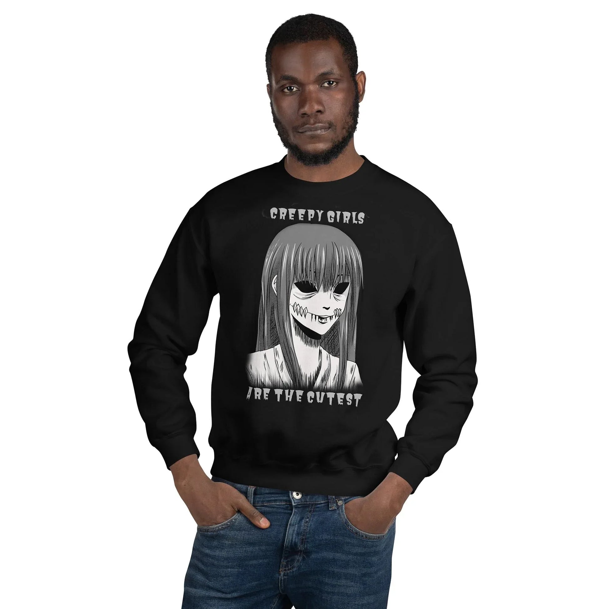 Black horror sweatshirt with creepy women face print for horror fans