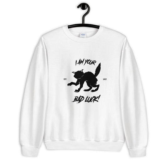 Funny black cat white sweatshirt for cat lovers with dark humor and attitude