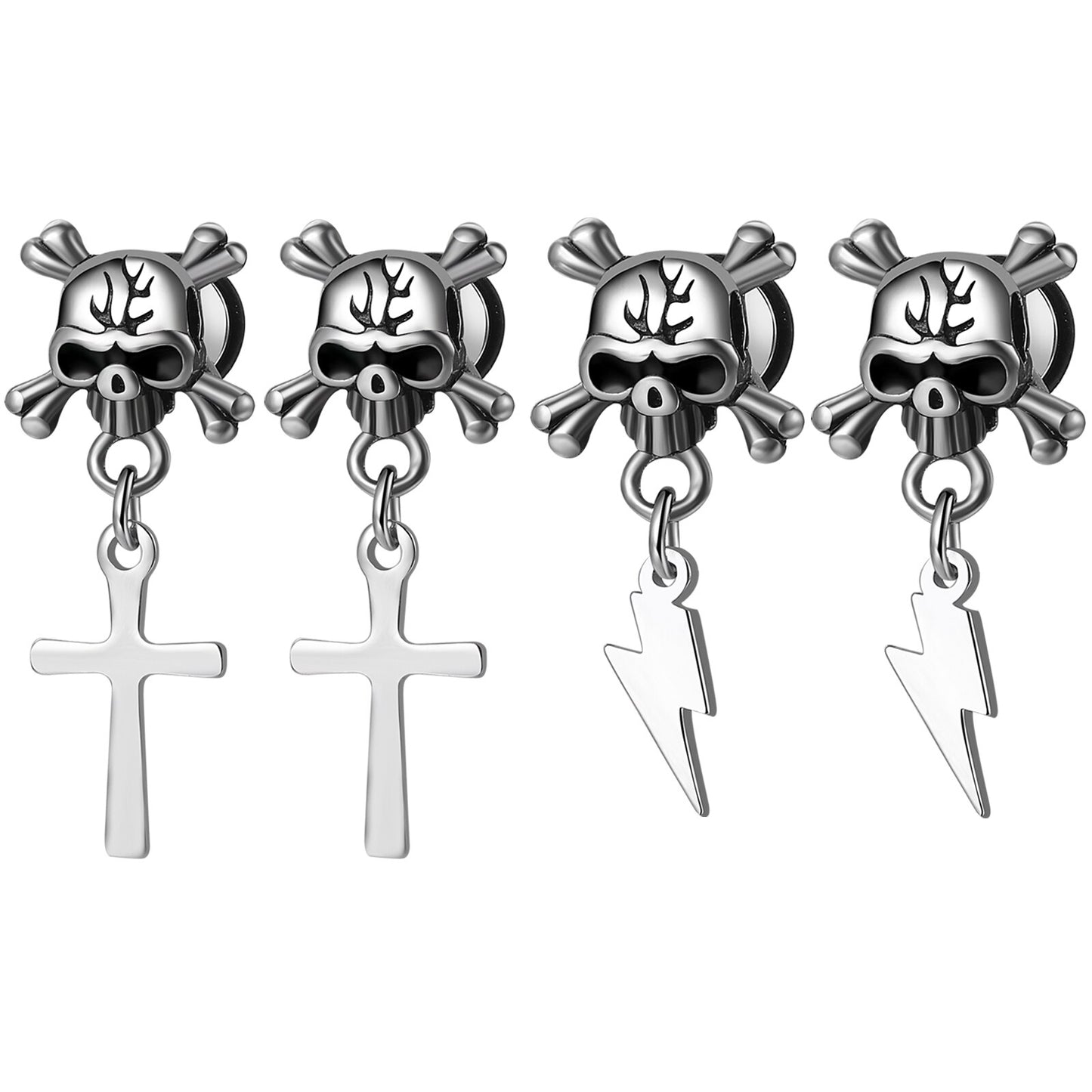 Gothic Skull Jewelry Cross Or Lightning Earrings / Stainless Steel Stud Earrings