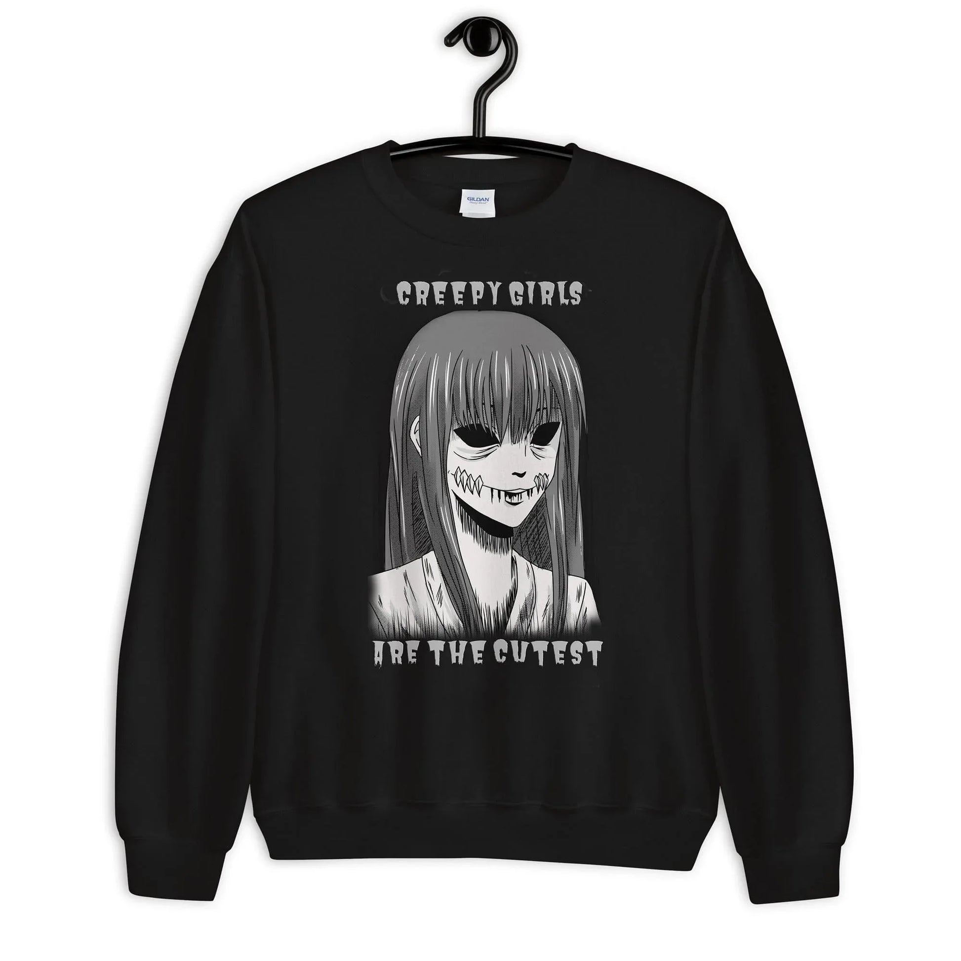 Soft fleece horror sweatshirt with bold creepy women face front print