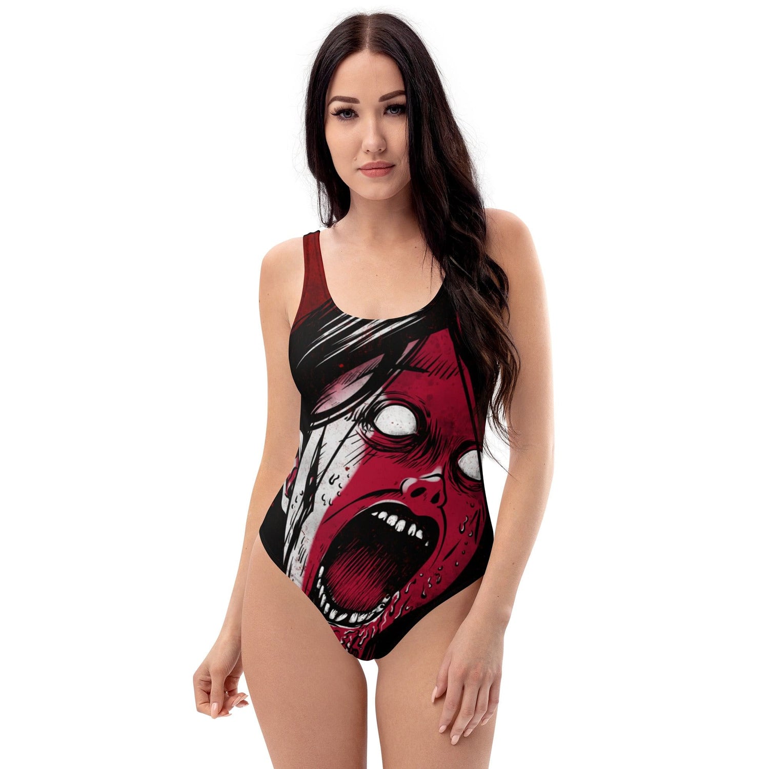 Soft goth style one-piece swimsuit with screaming girl print for women