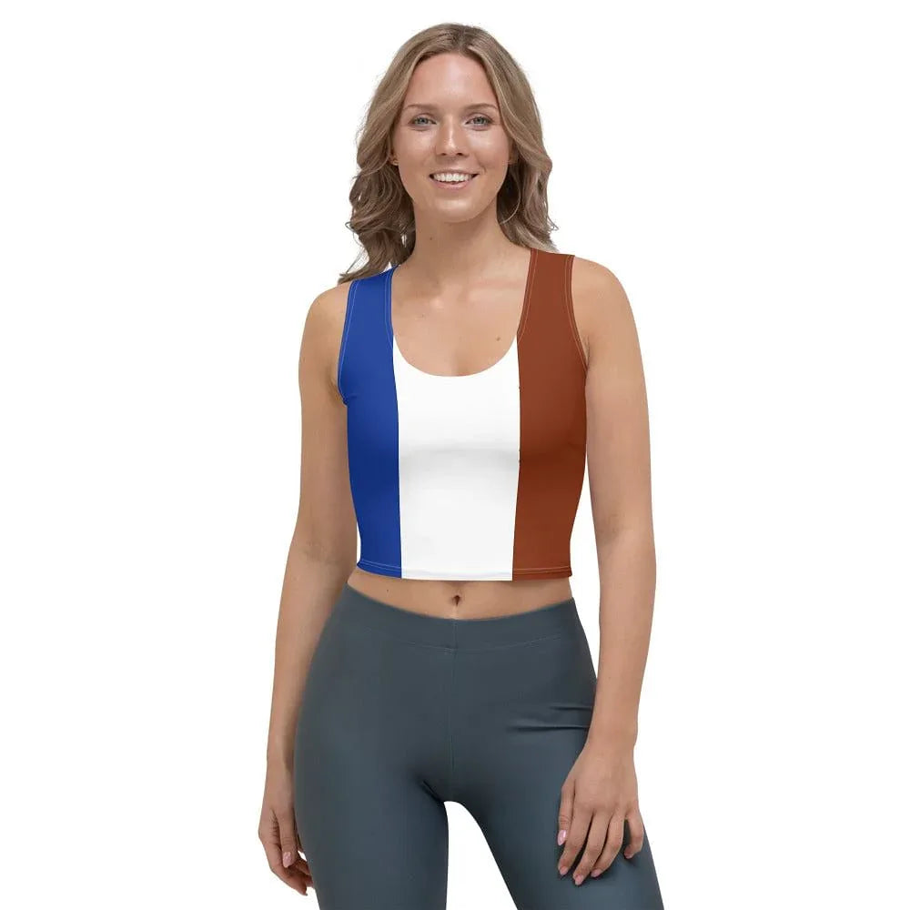 Women's stretch crop top with blue white red French flag vertical stripes