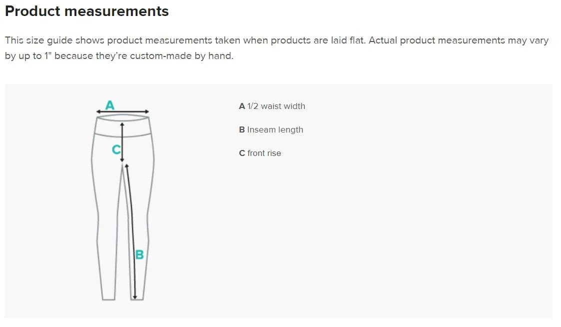 Yoga leggings product measurements 