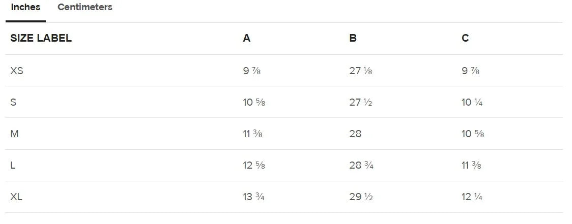 Yoga leggings size chart with measurements in inches