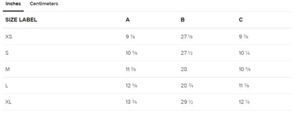Yoga leggings size chart with measurements in inches