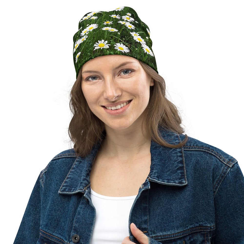 Beanie With White Flowers / Print Of Daisies / Double Layered