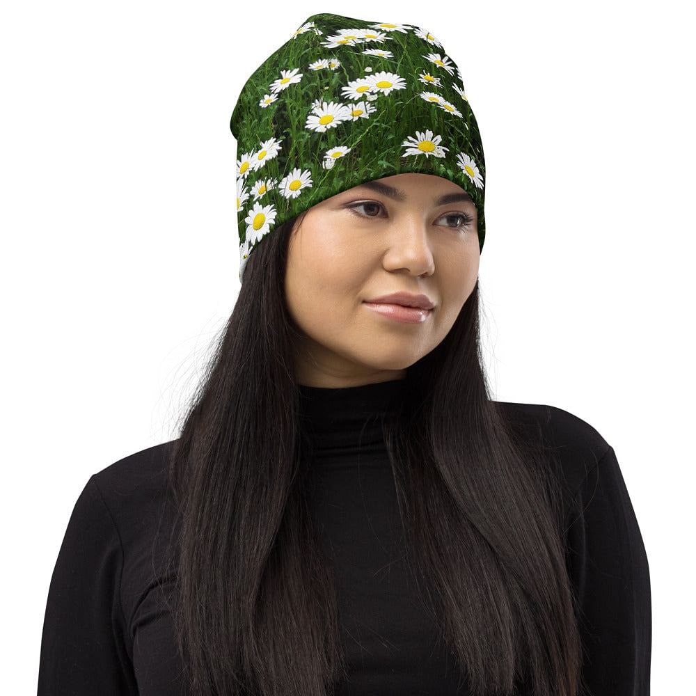 Beanie With White Flowers / Print Of Daisies / Double Layered