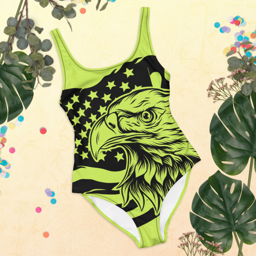 Plus Size Swimwear And Extra Small Swimsuit / Green Swimsuit With American Flag And Eagle Print - YVDdesign