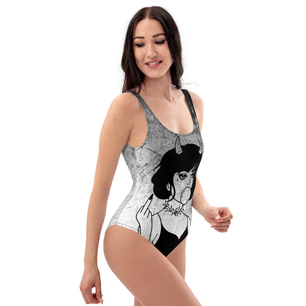 Goth One-Piece Swimsuit For Naughty Goth Girl / Girl With Middle Finger, Horn And Bubble Gum - YVDdesign