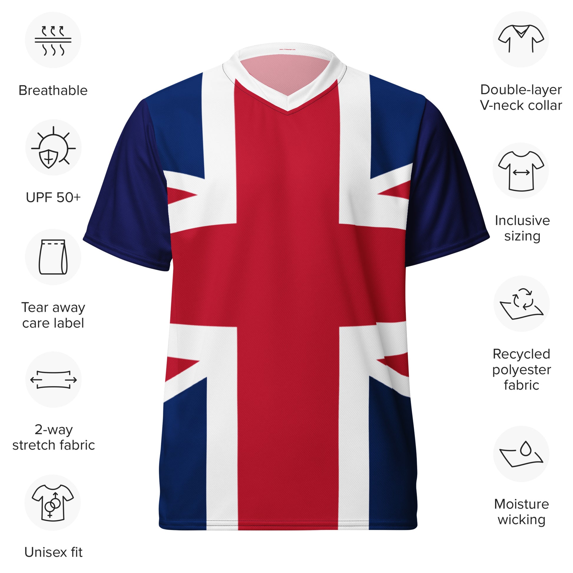 Recycled polyester sports jersey with Union Jack design