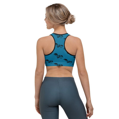 Sports Bra With Bat Print / Text 'I Bite' Sports Bra / Bleu Color