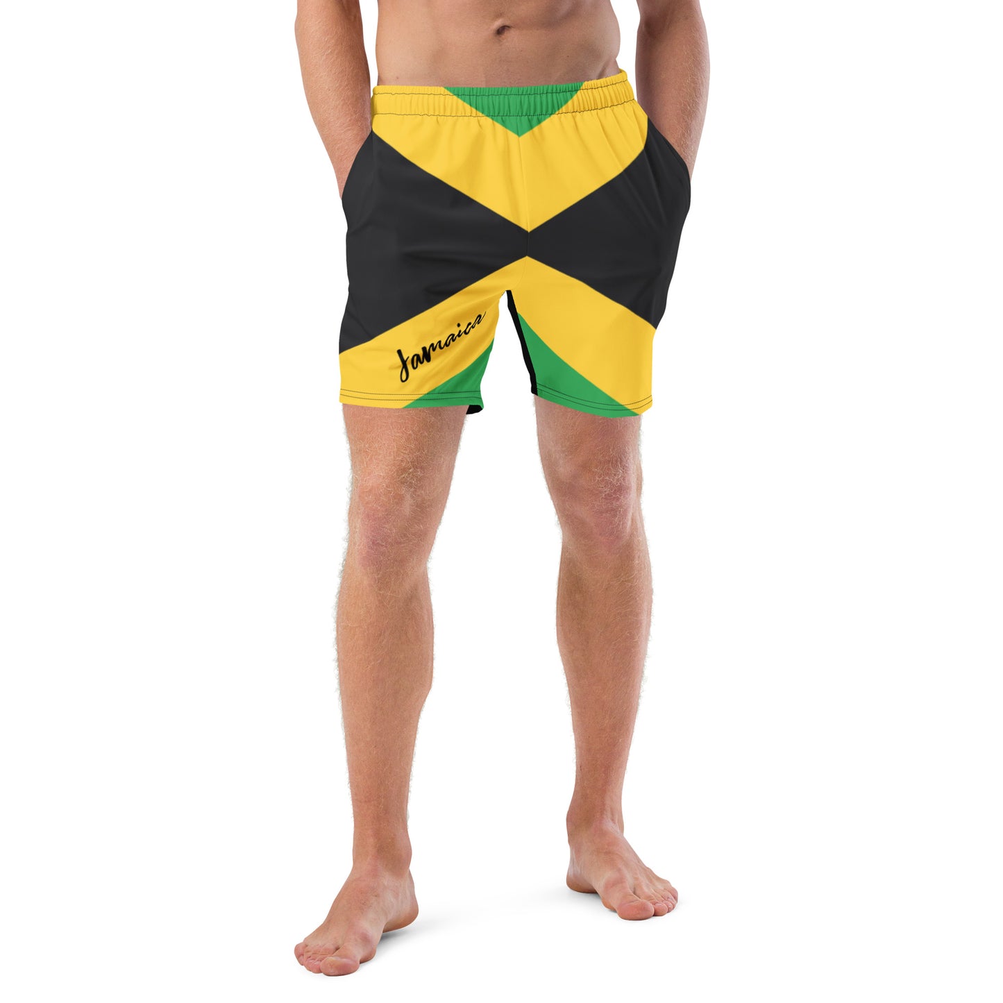 Jamaica Flag Mens Swim Trunks / Eco Friendly Swim Trunks For Men / Mesh Pockets / Small Inside Pocket For Valuables - YVDdesign