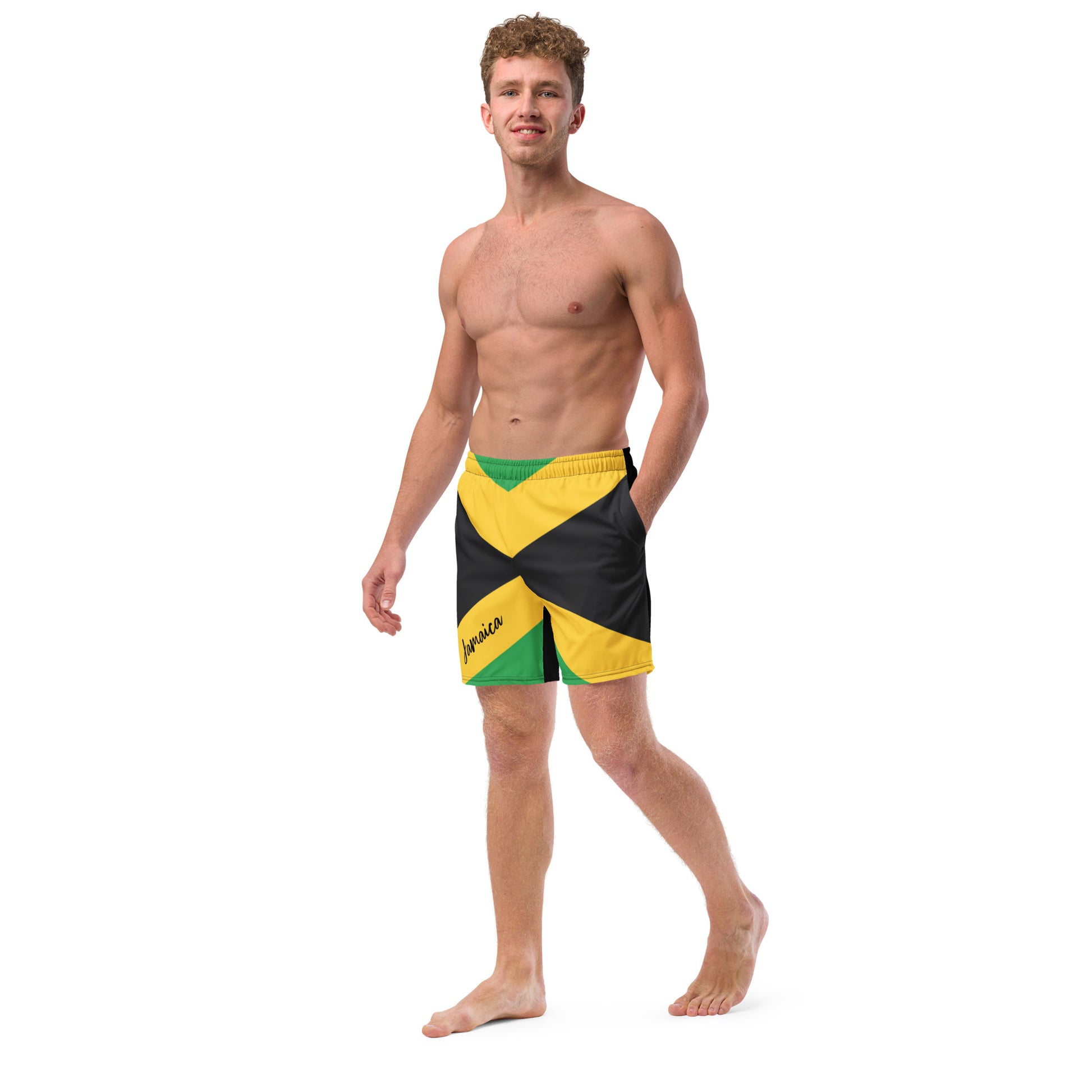 Jamaica Flag Mens Swim Trunks / Eco Friendly Swim Trunks For Men / Mesh  Pockets / Small Inside Pocket For Valuables