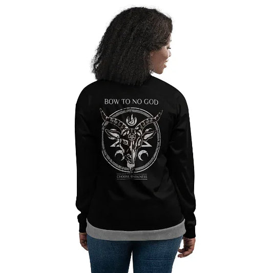 black goth bomber jacket with bold graphic print for men and women