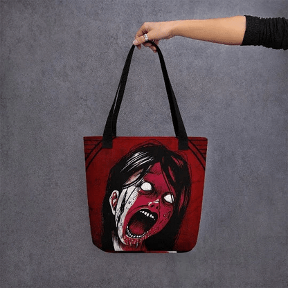 Polyester tote bag with a bold screaming woman graphic