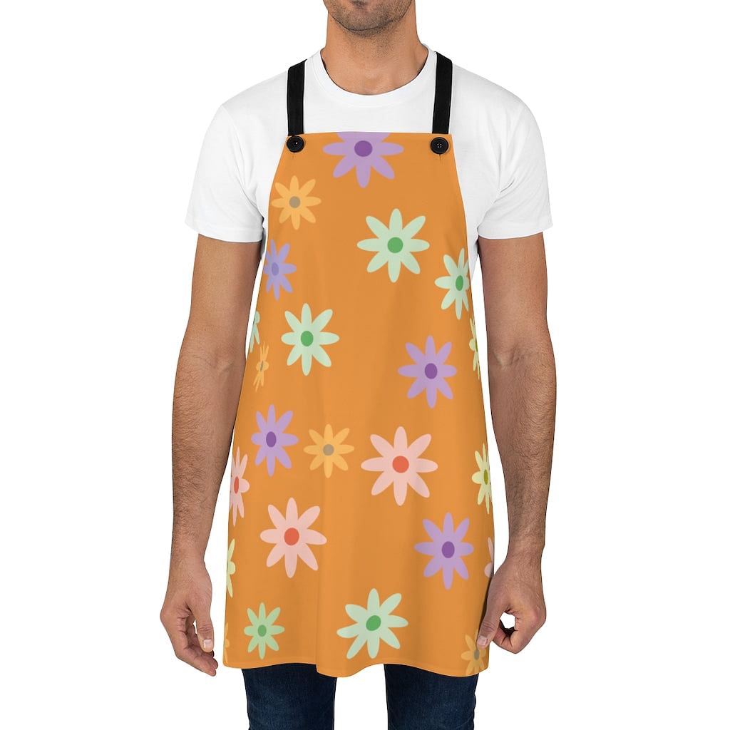 Orange Cooking Apron With Nice Flowers / Sturdy Kitchen Apron Of Good Quality