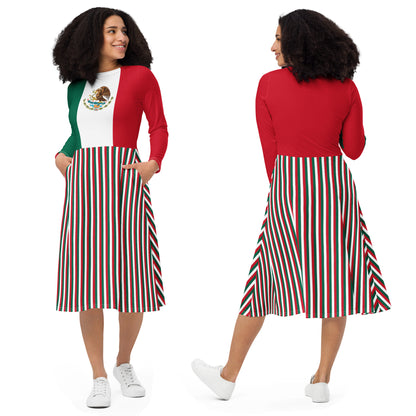 Mexican Dress / Mexico Flag Print Long Seeve Midi Dress With Pockets Plus Size - Small
