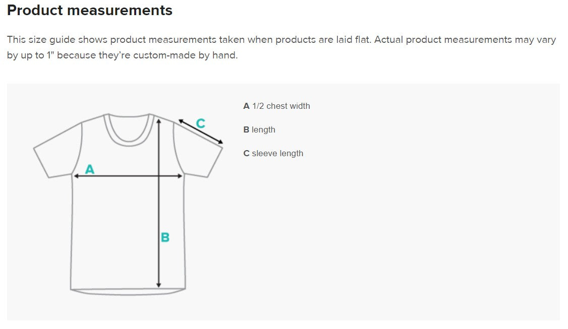 Product measurement t shirts