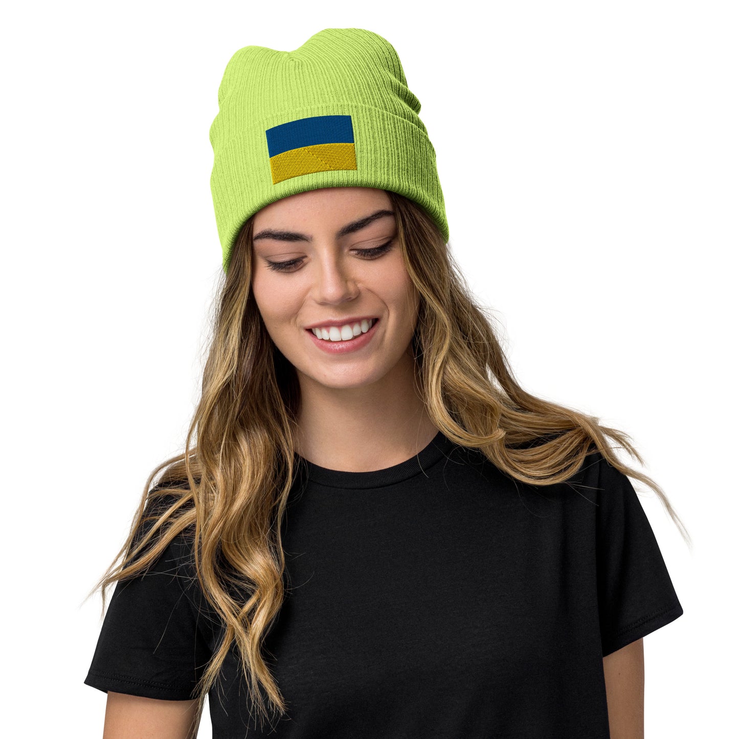 light green Ukraine Beanie / Ukraine Hat With Embroidered Flag / Quality Beanie / Recycled Polyester Ukraine Clothing