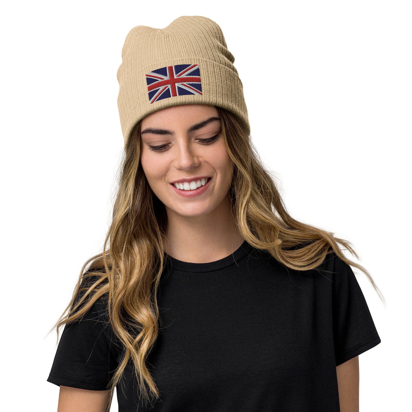 Beige Ribbed Knit Embroidered UK Flag Beanie
