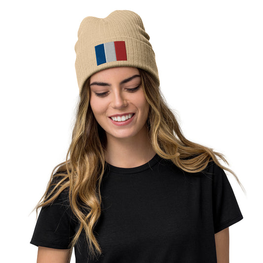beige France Beanie With Embroidered Flag