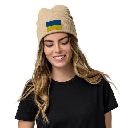 beige Ukraine Beanie / Ukraine Hat With Embroidered Flag / Quality Beanie / Recycled Polyester Ukraine Clothing