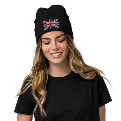 Black color Ribbed Knit Embroidered UK Flag Beanie