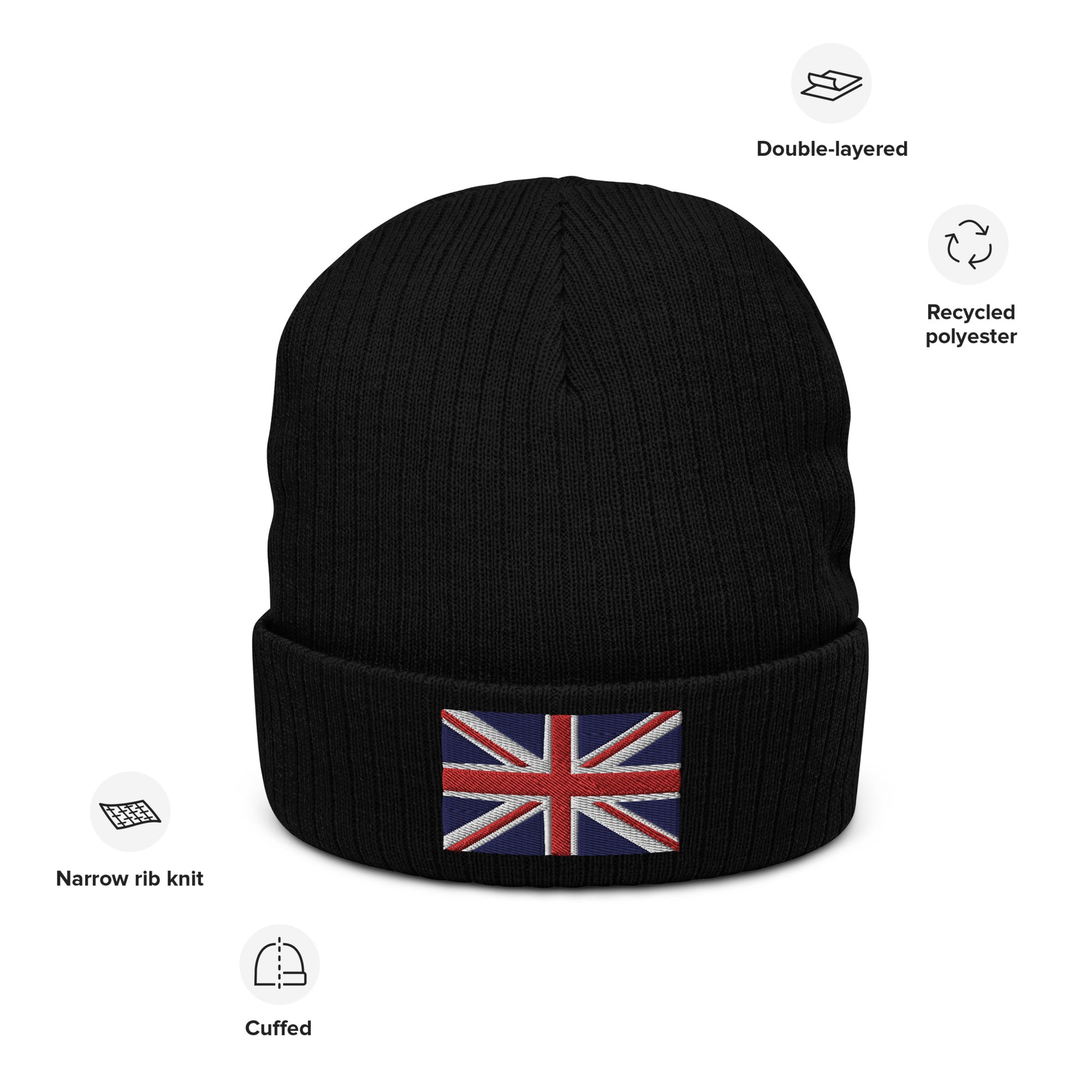 Ribbed Knit Embroidered UK Flag Beanie