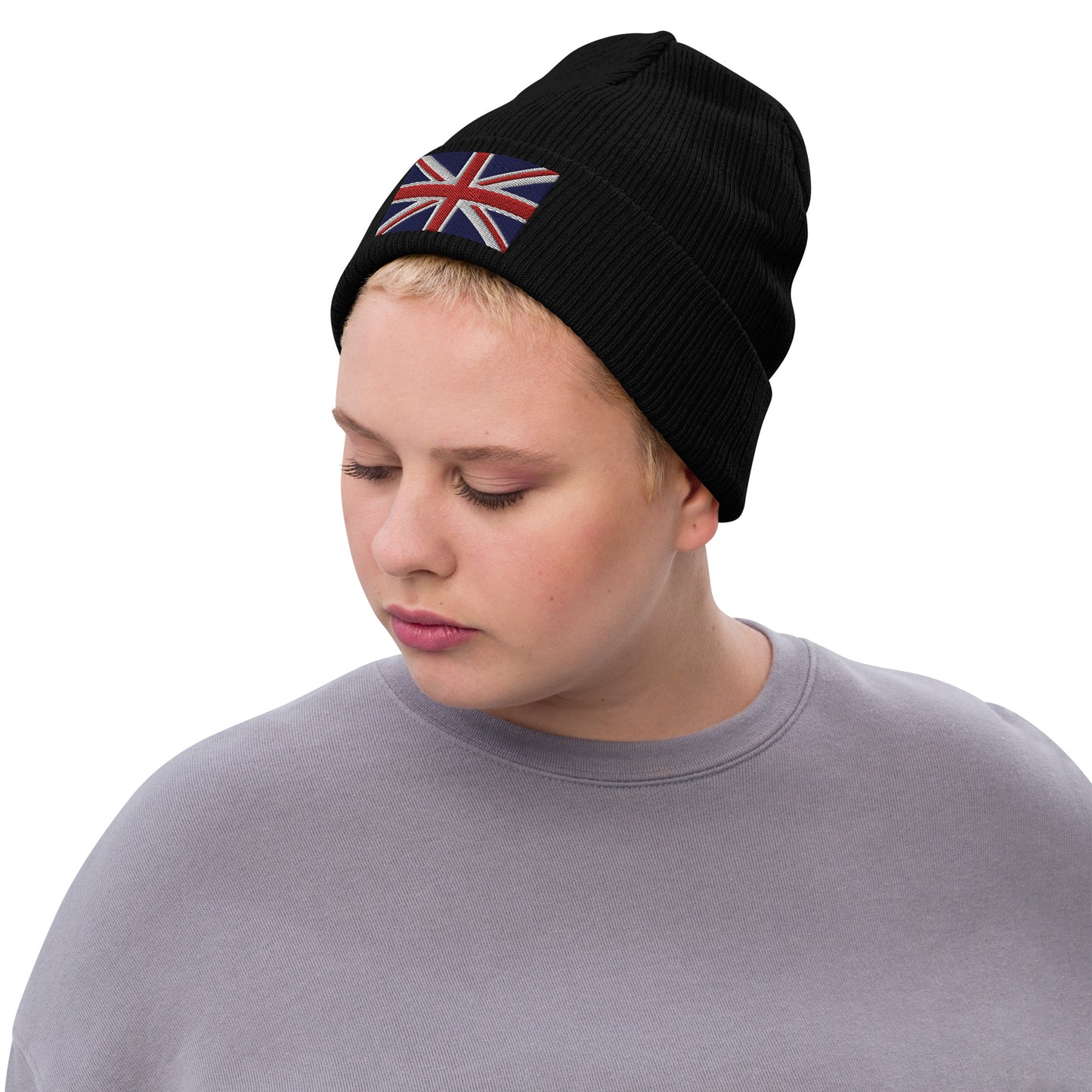black Ribbed Knit Embroidered UK Flag Beanie