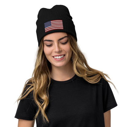 Ribbed Knit Embroidered USA Flag Beanie / Premium Beanie Available In 8 Colours / Recycled Polyester