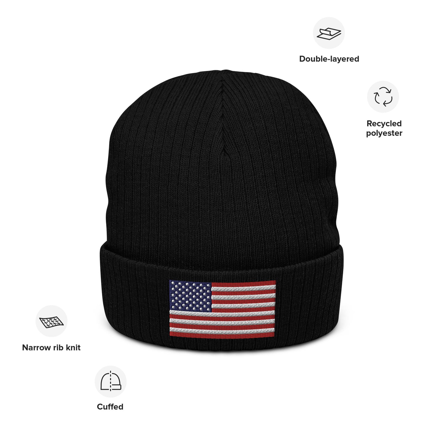 Ribbed Knit Embroidered USA Flag Beanie / Premium Beanie Available In 8 Colours / Recycled Polyester
