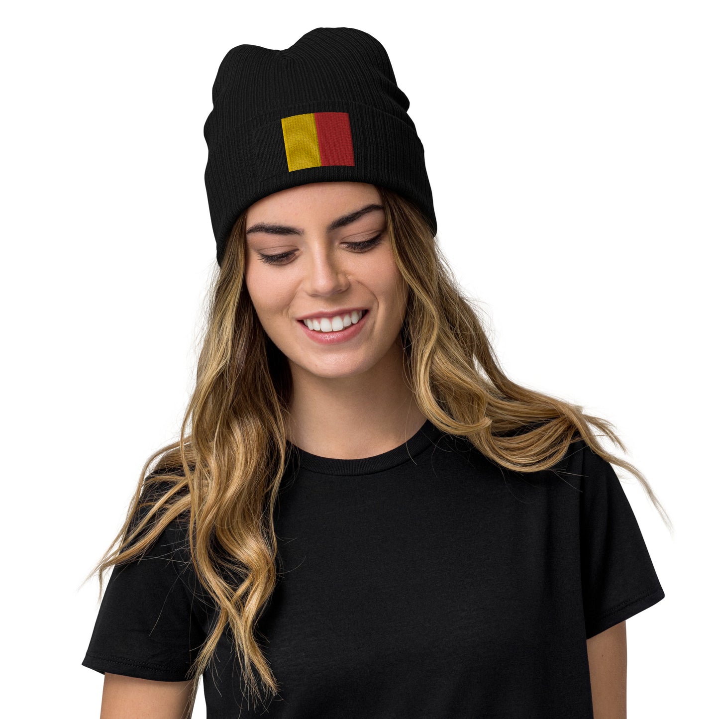 Black Ribbed Knit Embroidered Belgium Flag Beanie / Premium Beanie Available In 8 Colours / Recycled Polyester