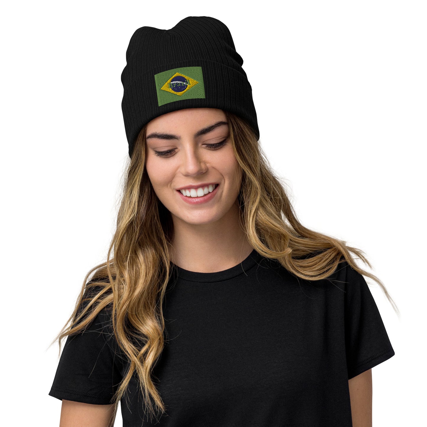 black color Brazil Beanie Hat Premium Quality / Embroidered Flag Of Brazil / 8 Colors / Recycled Polyester Clothing