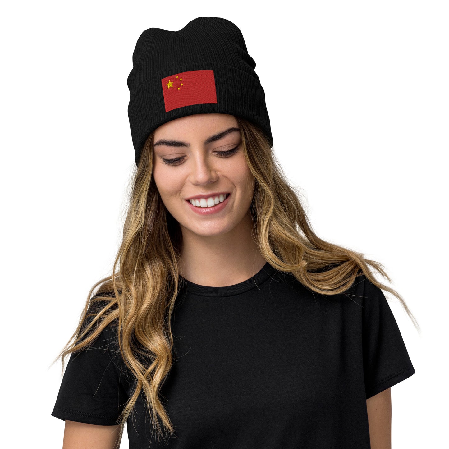 Black Embroidered Flag Beanie With China Flag / Premium Quality / Recycled Polyester / 8 Colors