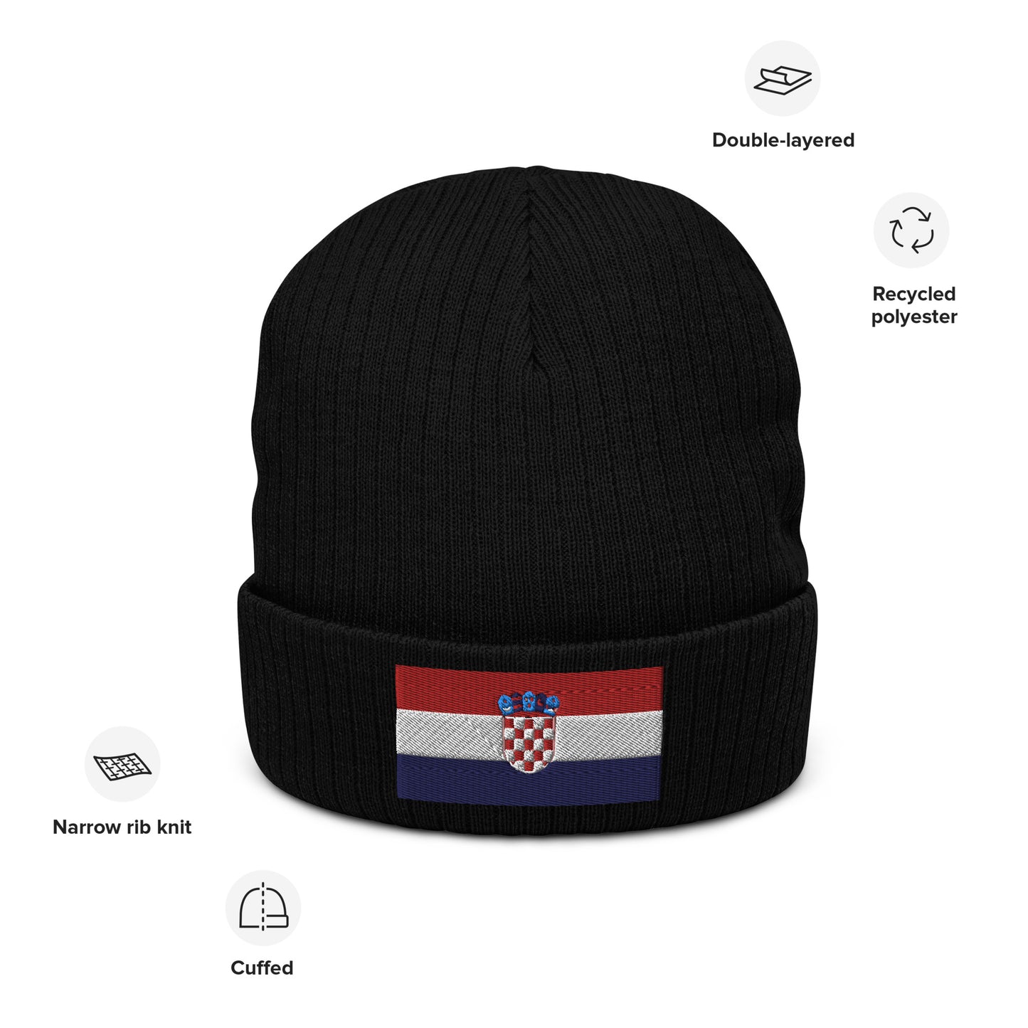 Premium Quality Croatia Beanie / Ribbed Knit Beanie With Embroidered Flag From Croatia / 8 colors / Recycled Polyester