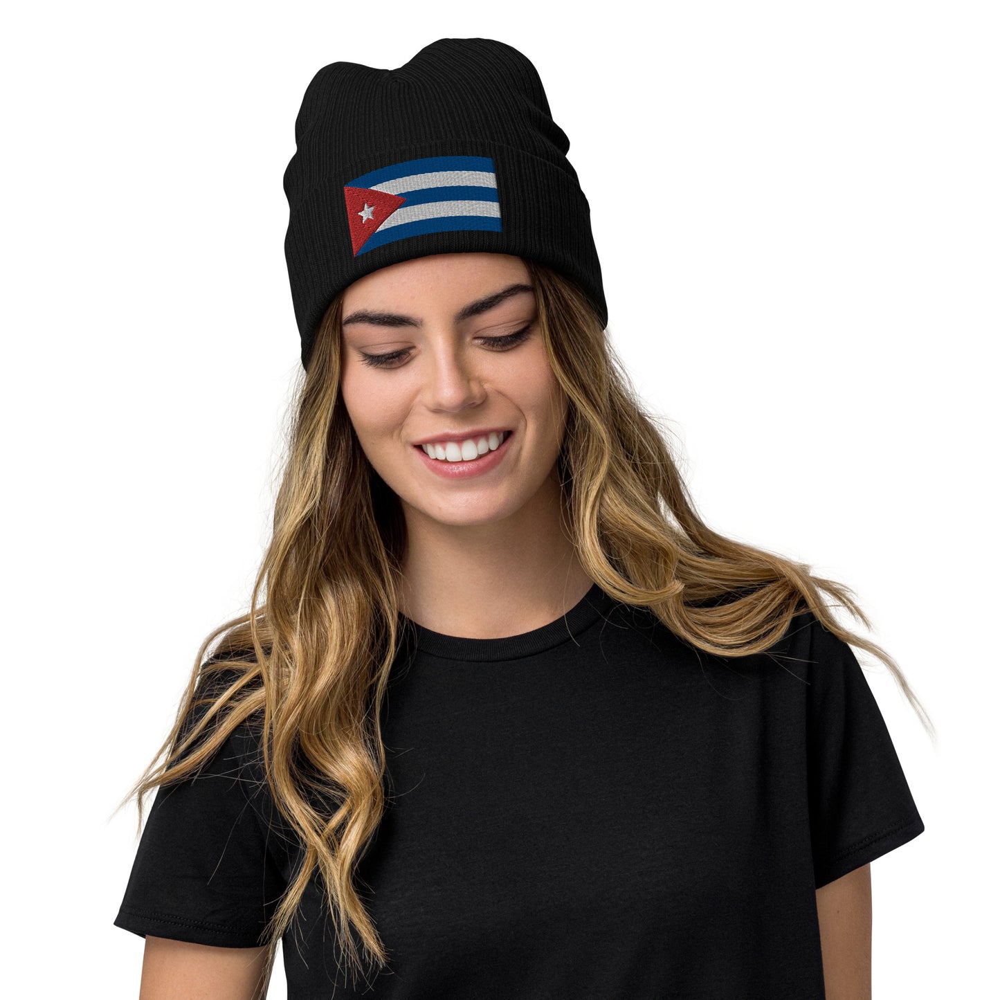 Black Cuban Clothing Style With Cuba Ribbed Knit Beanie / Premium Quality With Embroidered Cuba Flag / 8 Colors / Recycled Polyester