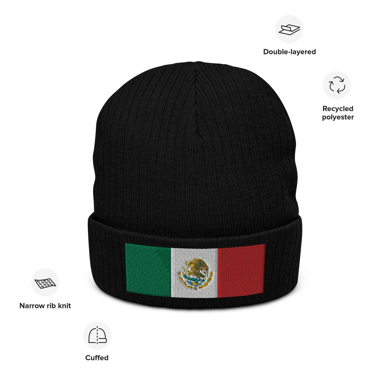 black Mexico Beanie Hat With Embroidered Mexican Flag / Recycled Polyester / 8 Colors
